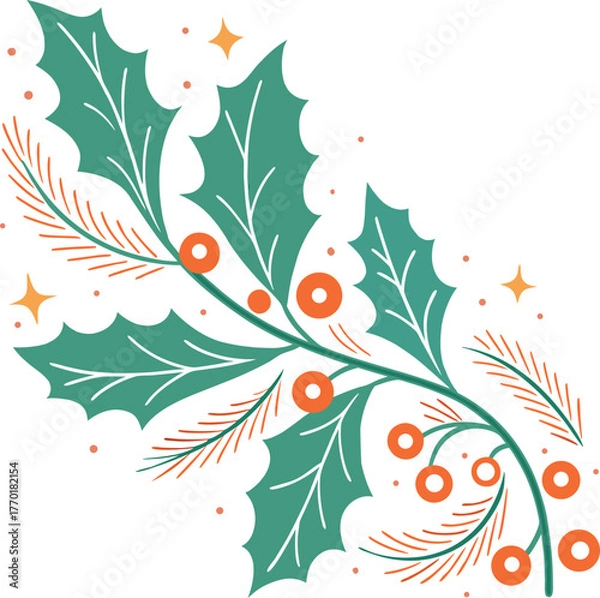 Fototapeta Holly sprig with berries and pine needles festive illustration vector