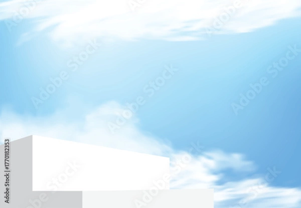 Obraz 3D vector podium mockup with bright sky and clouds background. Perfect for product presentation, cosmetic branding or showcase scenes. Clean, modern, and realistic lighting for elegant visuals.