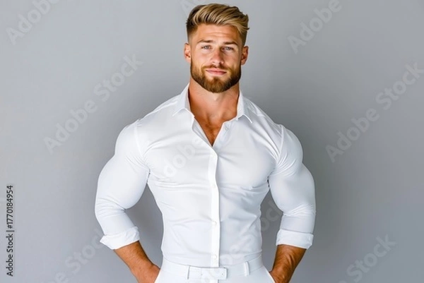 Fototapeta A man in a white shirt and white pants posing for a picture