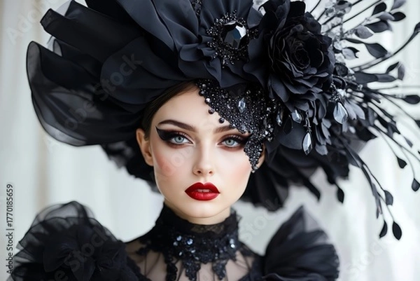 Fototapeta A woman wearing a black hat with flowers on it
