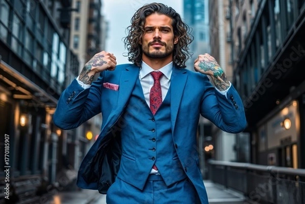 Fototapeta A man in a blue suit and red tie standing in the middle of a city street