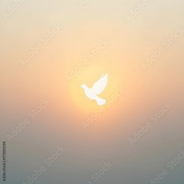 Obraz Peaceful white dove soaring against a warm sunset sky, symbolizing hope and freedom beautifully