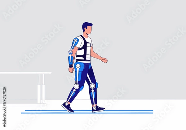 Fototapeta A man wearing a robotic exoskeleton walks forward, encouraging viewers to ?Step Forward Now.? Modern, minimalist illustration with a bright, dynamic feel.