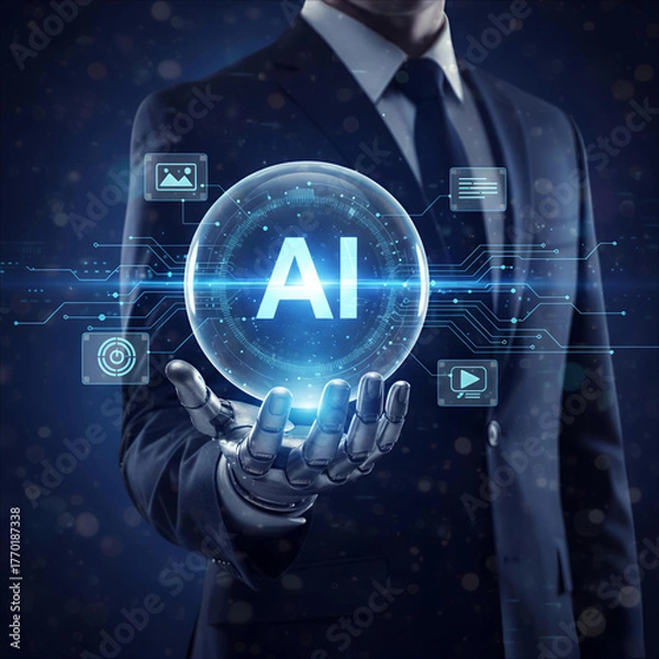 Fototapeta Businessman holding a glowing ai sphere with digital icons
