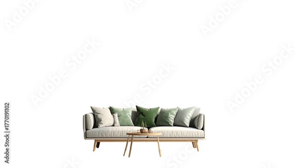Fototapeta Minimalist sofa with green pillows and side table