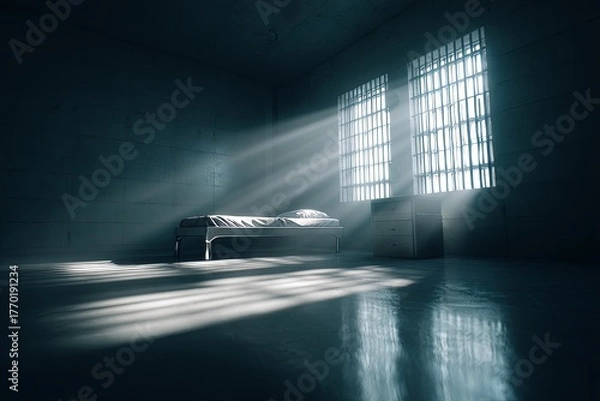 Fototapeta Stark interior of a dim, solitary confinement room illuminated by intense daylight rays through barred windows
