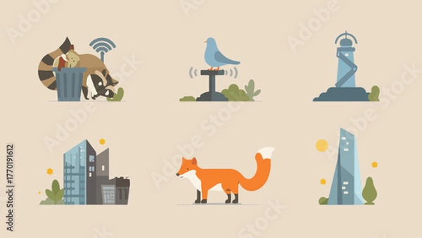 Fototapeta urban wildlife adaptation icon set
