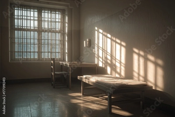 Fototapeta Sunlight streams through barred window casting geometric shadows onto the floor and wall of a spare room