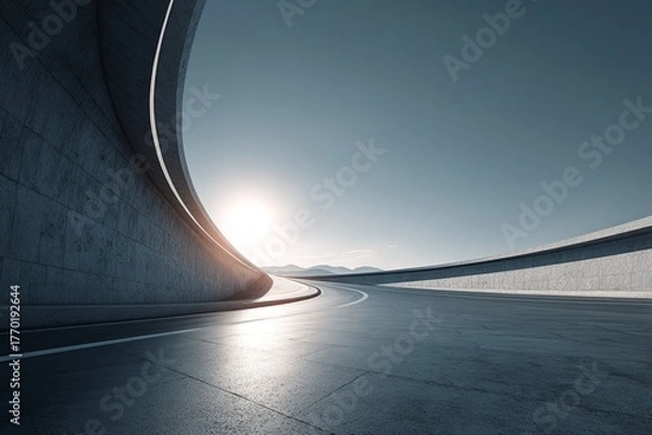 Fototapeta Smooth curving modern highway infrastructure dramatically illuminated by bright sunlight