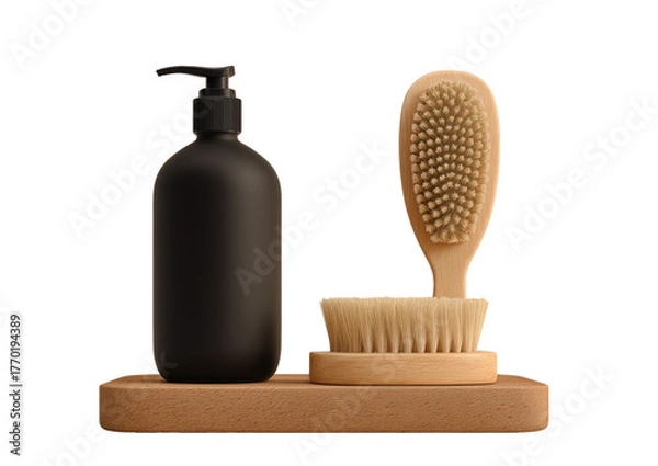 Fototapeta Matte black pump bottle, brush, and round brush on a wooden platform against a black background