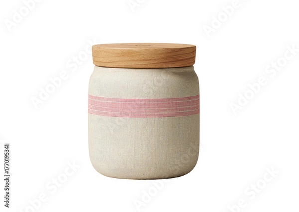 Fototapeta A ceramic jar with a wooden lid, sporting a pink band. Minimalist design