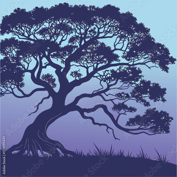 Fototapeta Vibrant blue graphic illustration of a large old tree with intricate branches and a lush canopy in a tranquil landscape