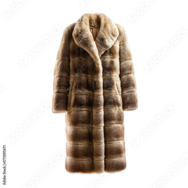 Fototapeta Full-length, plush coat. Vertical panels, large lapels, neutral color, studio shot