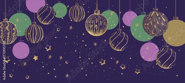 Fototapeta Merry Christmas and New Year set on blue background. Hand drawn illustration.	
