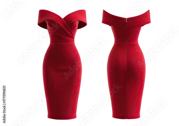 Fototapeta A vibrant red, off-shoulder, bodycon dress displayed in front and back views