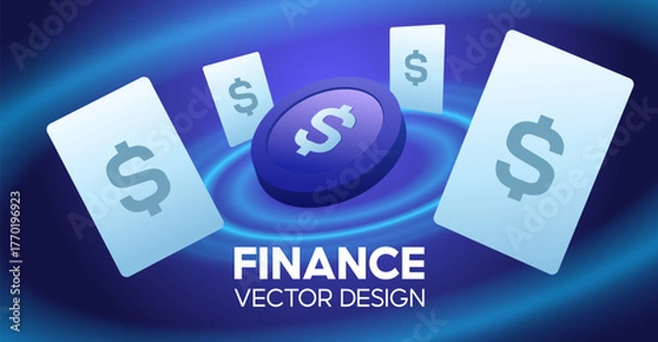 Fototapeta Finance Vector Design with Glowing Coin and Floating Money Symbols on Blue Background
