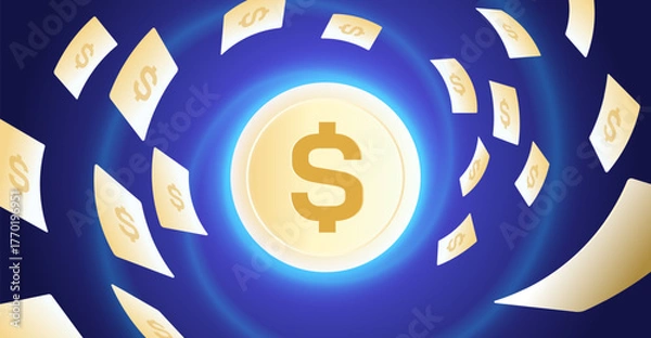 Fototapeta Golden Dollar Coin Vector with Flying Money on Blue Light Background