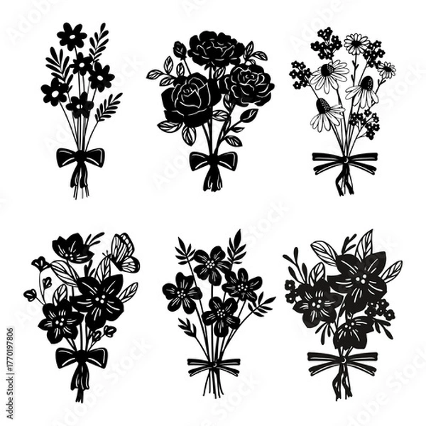 Obraz Bouquet of White Flowers silhouette on black background. Set of Vector Illustration.