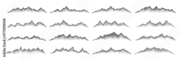Fototapeta Grain noise stippled mountain range ridges terrain texture landscape vector illustration set. Grunge pointillism mountain range stipple landscape halftone effect shape sand texture.