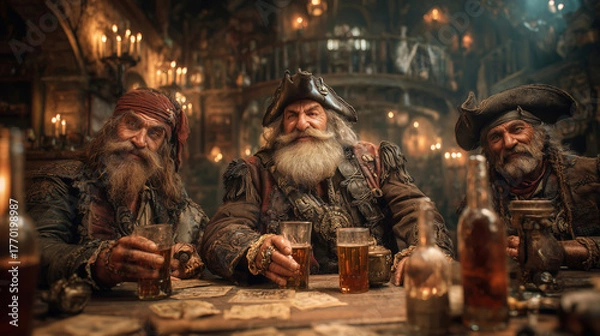 Obraz Gathering of pirates at a lively tavern in Tortuga during the Golden Age of Piracy filled with laughter and tales of adventure