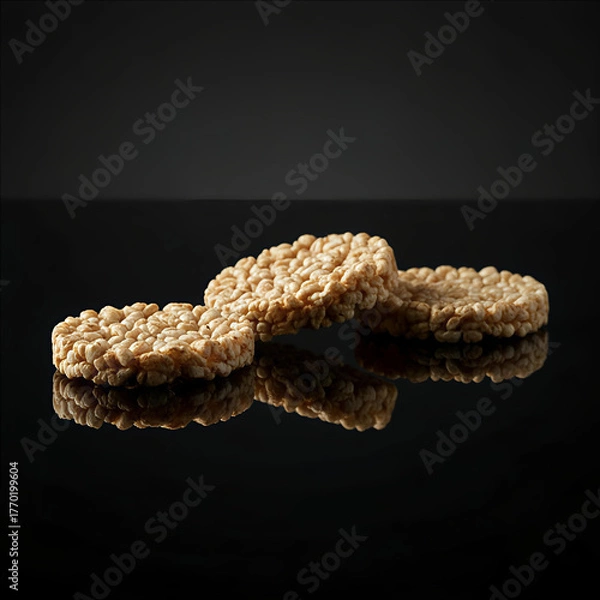 Fototapeta Three round cereal treats on a reflective black surface