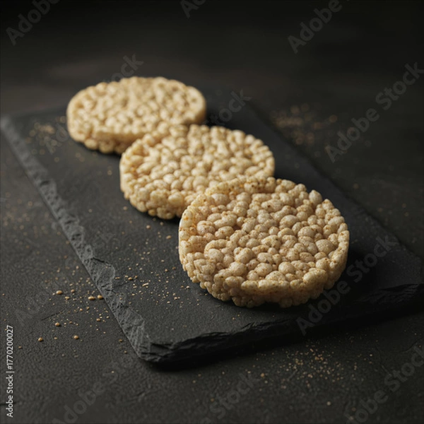 Fototapeta Three round rice cakes arranged on a dark slate surface