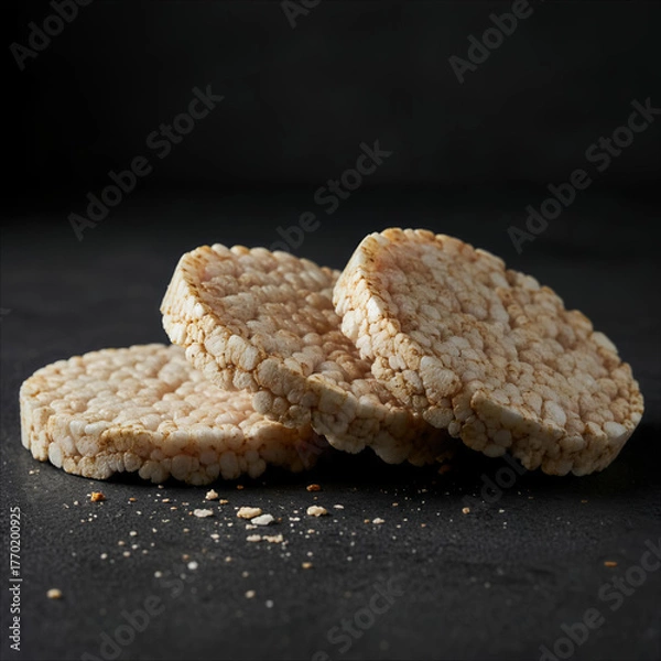 Fototapeta Three round rice cakes on a dark surface with crumbs