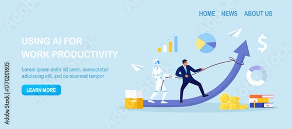 Fototapeta Leader and robot haul an upward arrow across charts. Human skill pairs with AI to accelerate results. Innovation and revenue growth and startups. Person and Artificial Intelligence collaboration