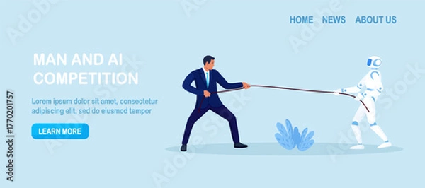 Fototapeta Businessman faces a robot in rope battle. People push back against automation and defend jobs as AI rises. Future of work, job loss. Workers replacement by Artificial intelligence