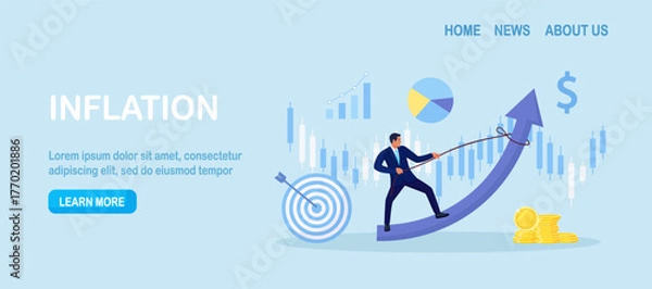 Fototapeta Manager pulls arrow upward above financial charts. Profit growth and revenue drive and KPI focus. Hitting targets and building wealth. Financial achievement