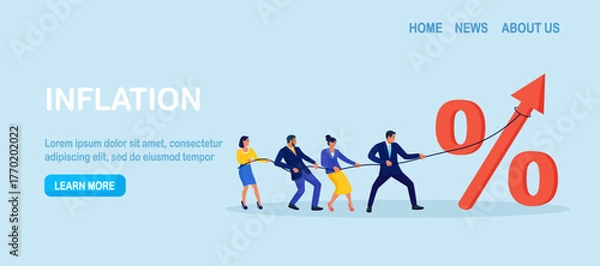 Fototapeta Business team pulls a giant percent sign with an arrow to lift results. Rising interest rate, strong sales goals and KPI growth. Collective effort across finance and marketing