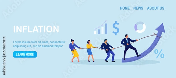 Fototapeta Team pulls an upward arrow to raise results. Growth drive and shared effort, goal focus in sales and finance. Teamwork, collaboration colleagues. Changing business direction, corporate strategy