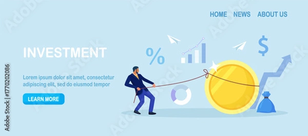 Fototapeta Business leader pulls a giant coin as metrics climb. Effort and profit drive, revenue growth and cash flow control. Budgeting and investment concept. Financial success or strategy planning