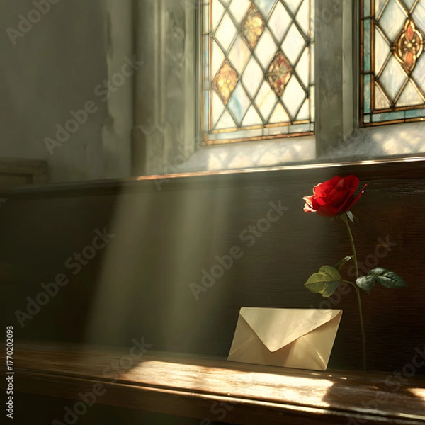 Fototapeta 스테인드글라스 창가의 붉은 장미