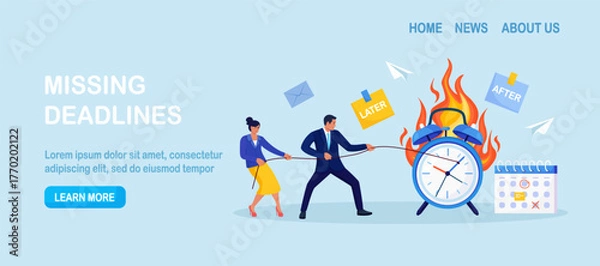 Fototapeta Two colleagues pull rope to hold back burning alarm clock as deadline nears. Urgency, race against time. Procrastination in office projects, schedule control. Time management, planning for efficiency