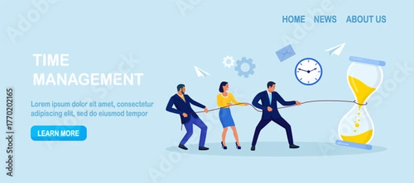 Fototapeta Team pulls rope tied to hourglass to push back looming deadline. Urgency and race against time. Project pressure in office work and productivity. Time management, business planning for efficiency