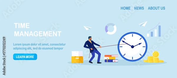 Fototapeta Businessman pulls a rope tied to a giant clock to push back an approaching deadline. Urgency, procrastination and workload pressure. Time management, business planning for efficiency