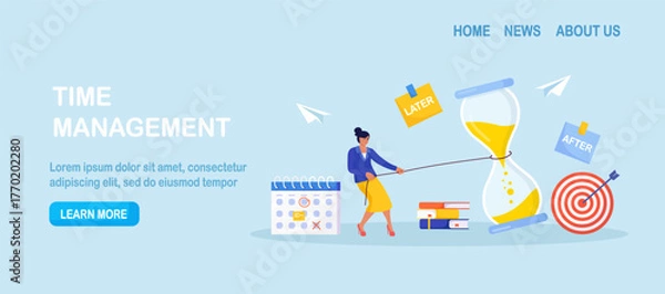 Fototapeta Business woman pulls a rope tied to a giant hourglass as sand runs out. Deadline pressure, urgency and race against time. Time management, business planning for efficiency