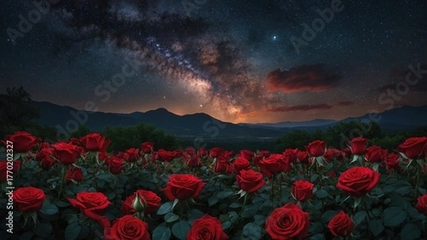 Fototapeta Stunning red rose field beneath milky way galaxy and starry night sky with mountain silhouette and glowing horizon