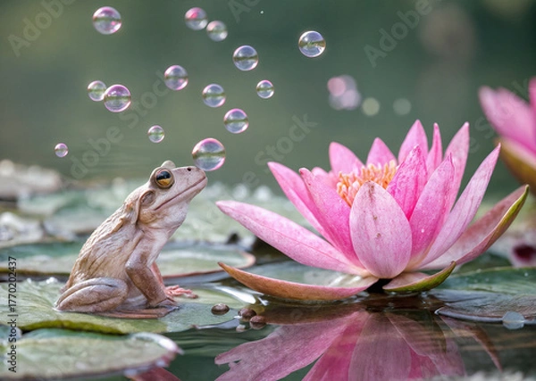 Fototapeta A pink frog sits near a lotus with soap bubbles