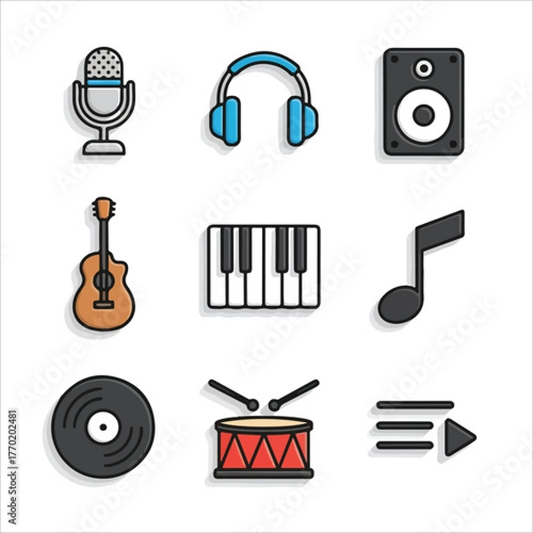 Fototapeta Flat lay of various music icons including a microphone, headphones, speaker, guitar, piano, music note, vinyl record, drum, and play button on a white background with a graphic design style.