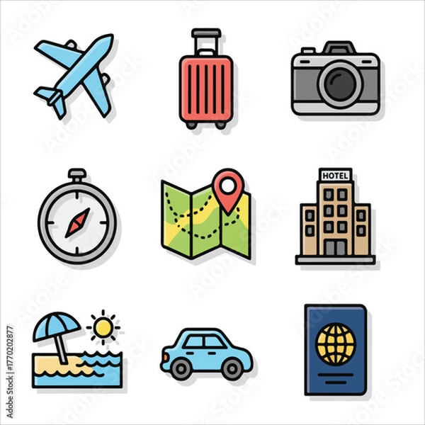 Fototapeta Collection of travel-related icons including airplane, luggage, camera, compass, map, hotel, umbrella, car, and passport on a white background.