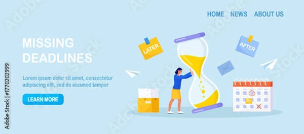 Fototapeta Procrastination and deadlines visualized. Woman pushes giant hourglass beside calendar and reminders. Time management. Businessman planning schedule. Business productivity