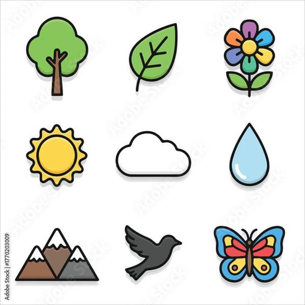 Fototapeta A colorful flat lay illustration of nature icons including a tree, leaf, flower, sun, cloud, raindrop, mountains, bird, and butterfly against a clean white background with a vibrant and