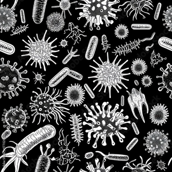 Fototapeta Seamless viruses, bacteria, and microbes microorganisms of different type illustration silhouette black and white tone diversity.