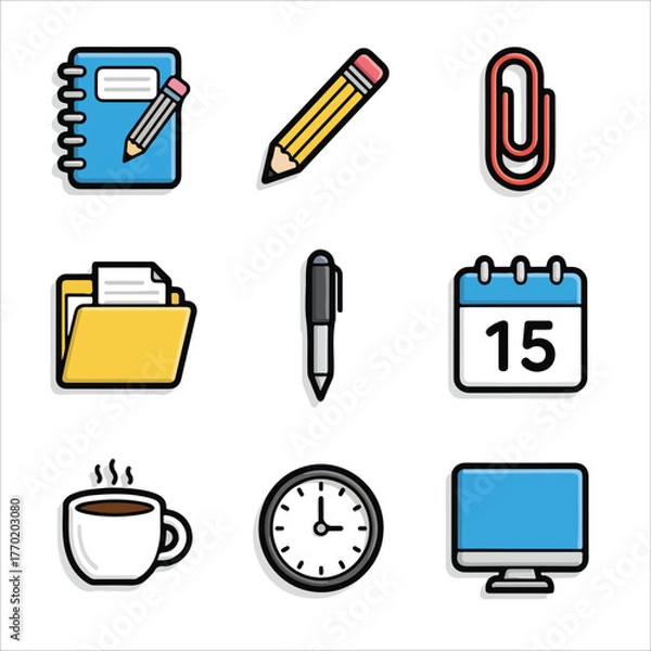 Fototapeta Flat lay of office supplies and stationery icons including a notebook, pencil, paperclip, folder, pen, calendar, coffee cup, clock, and computer on a white background with a graphic design