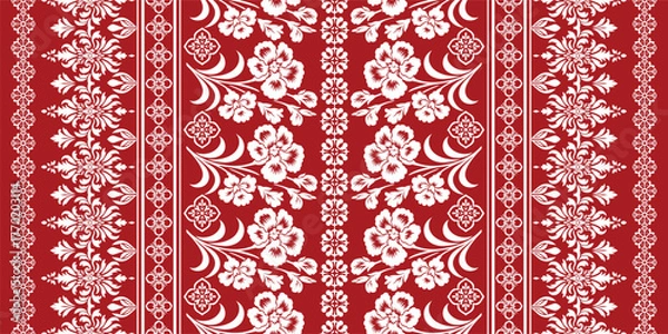 Fototapeta floral pattern vintage ethnic modern embroidery texture boho design vector illustration hand drawn pink flower motif branches leaves wallpaper seamless background border.	