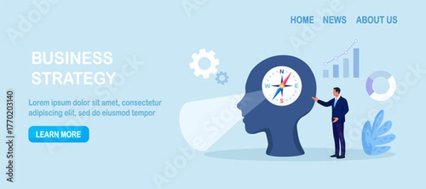 Fototapeta Businessman using compass for navigation and orientation in business. Person finding investment opportunity. Leadership. Make decision for business direction. Planning future goals. Career vision