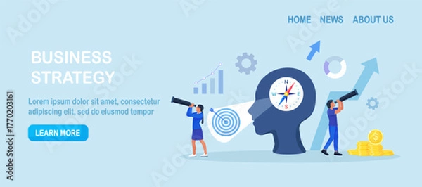 Fototapeta Businessman using compass for navigation and orientation in business. People with binocular finding investment opportunity. Leadership or visionary. Make decision for business direction