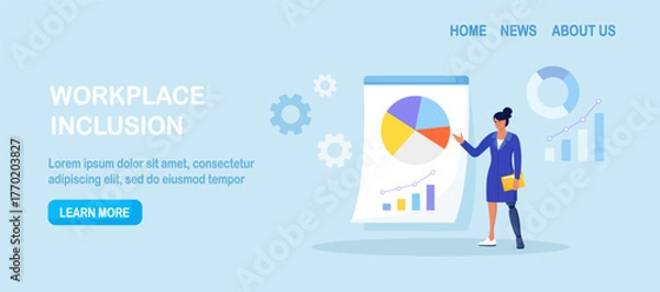 Fototapeta Woman with leg prosthesis giving presentation and analysis data. Social adaptation of people with disabilities. Inclusive workplace. Disabled person showing with pointer to diagram